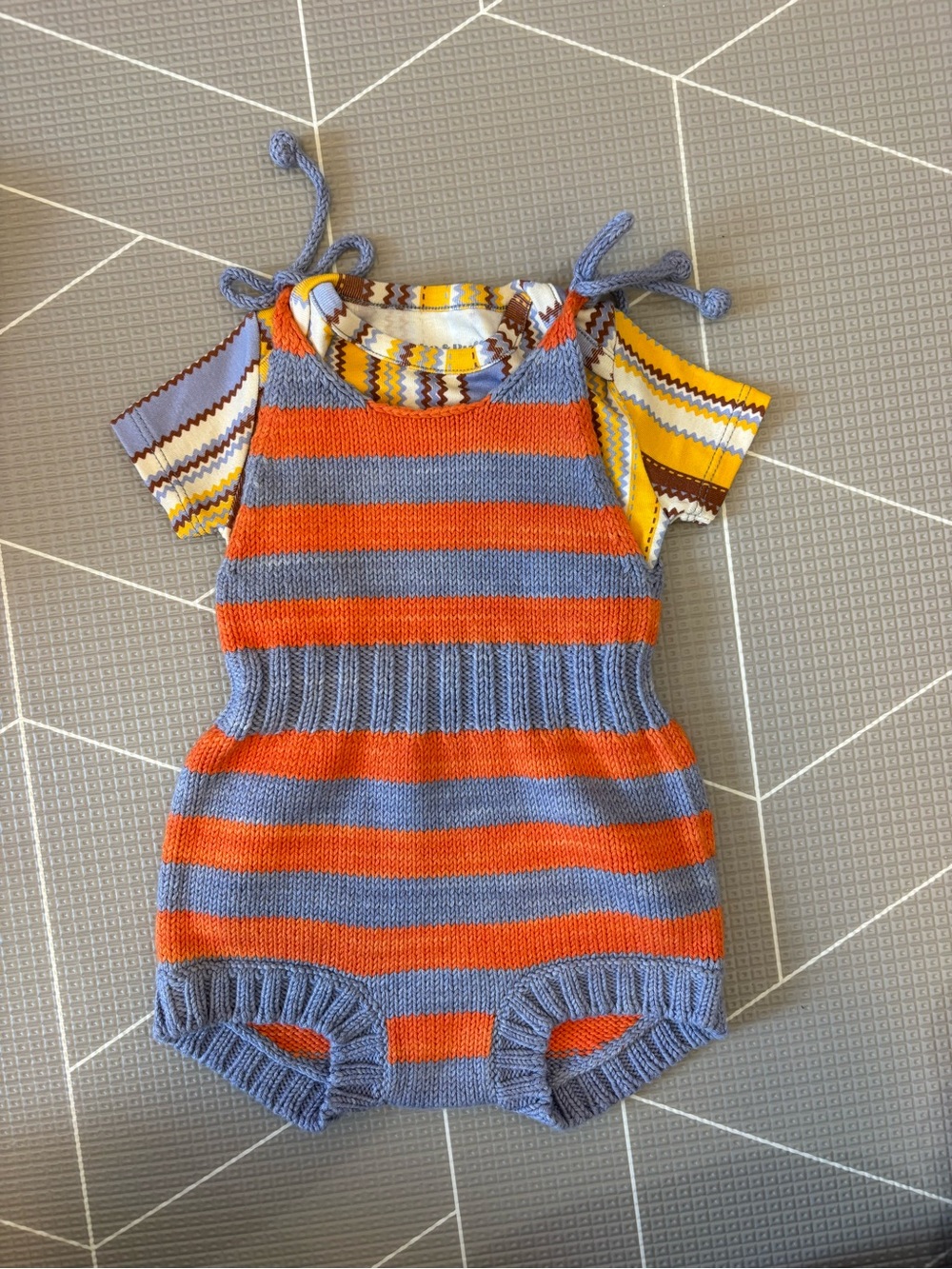 Misha And Puff Striped Knit One-Piece in Blue & Orange with Yellow Accents